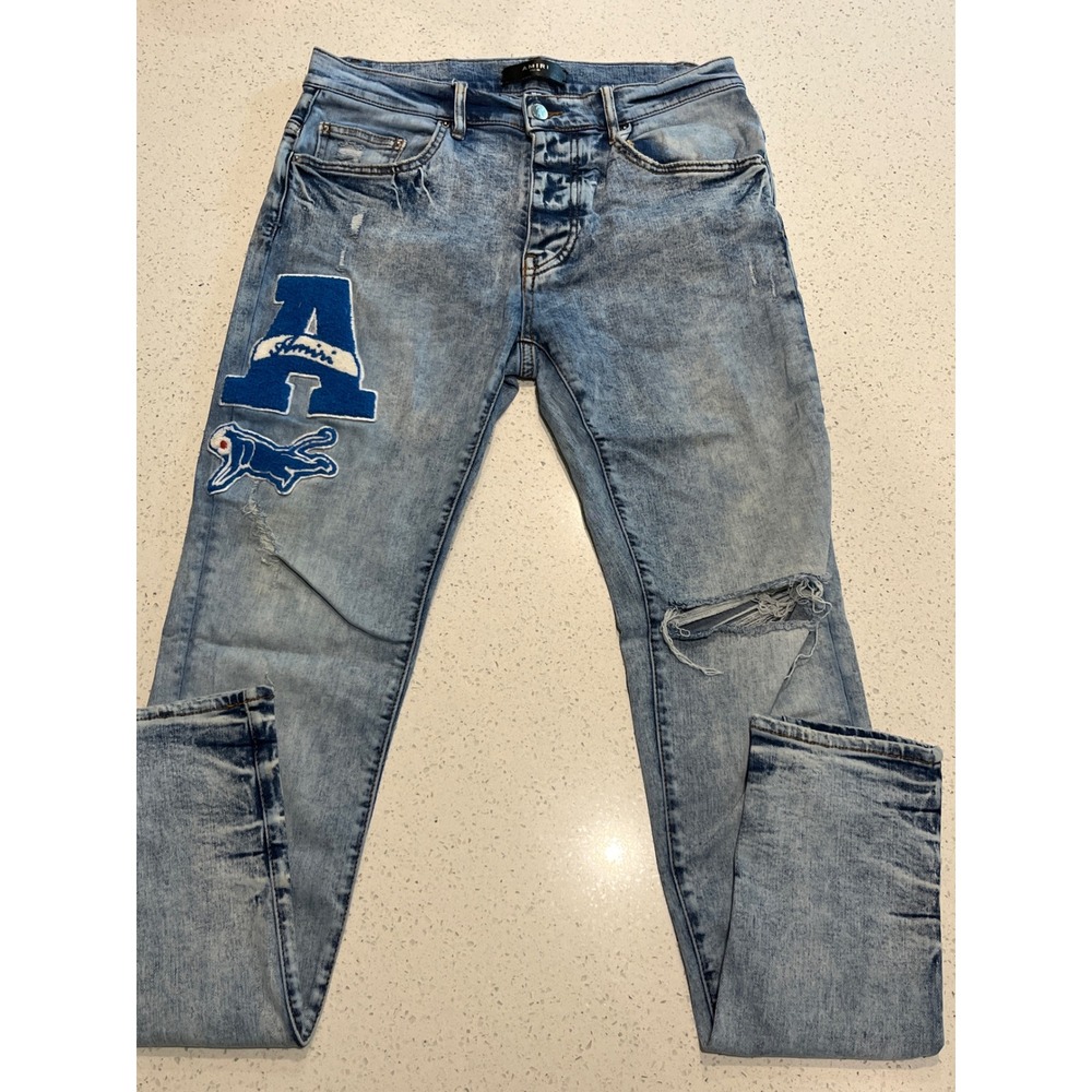 Amiri Mens Distressed Varsity Patch Jeans Light Wash Blue Size 32 Button Fly